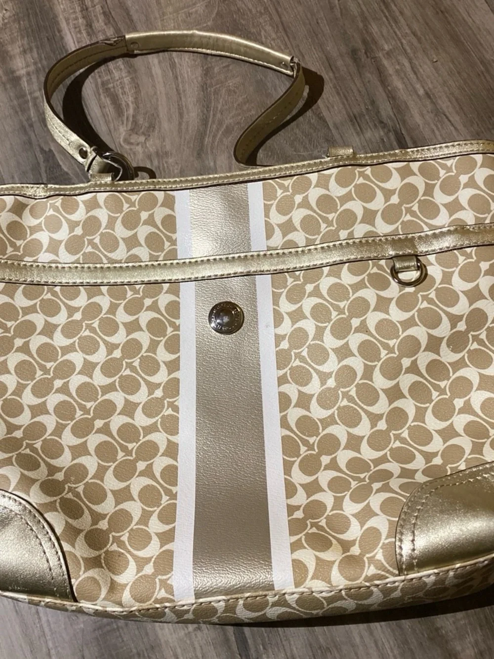 Coach Beige Signature Tote with Gold Trim and White Stripe